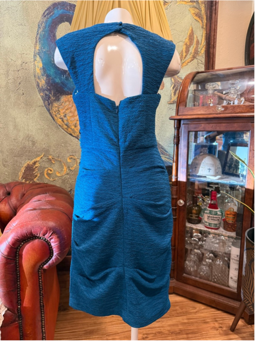ONE BY EIGHT Teal Ruched Sheath Dress Beaded Waist Cutout Back Cocktail Wedding - Picture 4 of 11